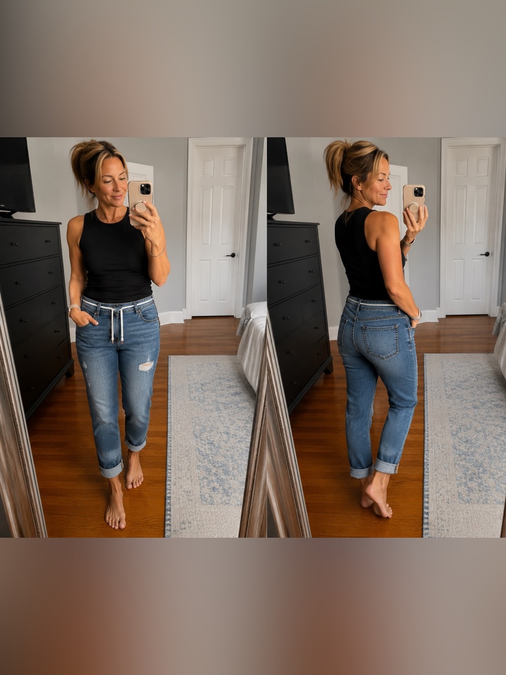 Classic Boyfriend Jeans in Medium Blue with Cuffed Hem